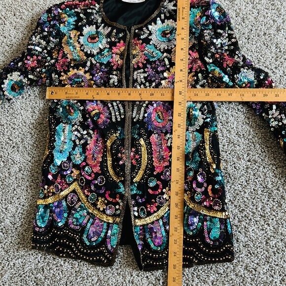 Vtg Lawrence Kazar New York Sequin Embellished Floral Colorful Sequin Jacket - Picture 13 of 16
